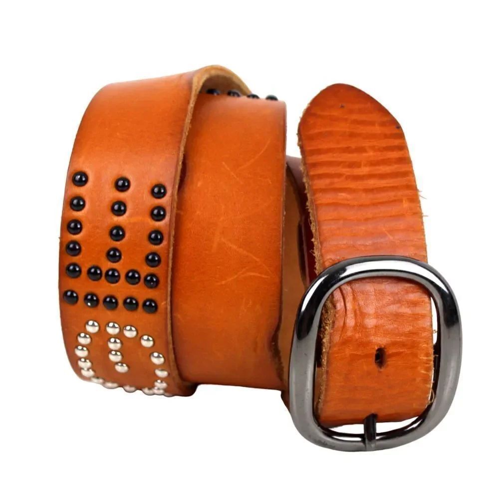 TAN BROWN GENUINE LEATHER 1 3/8"Wd STUDDED CASUAL DRESS WOMEN'S BELT Sz M (E32